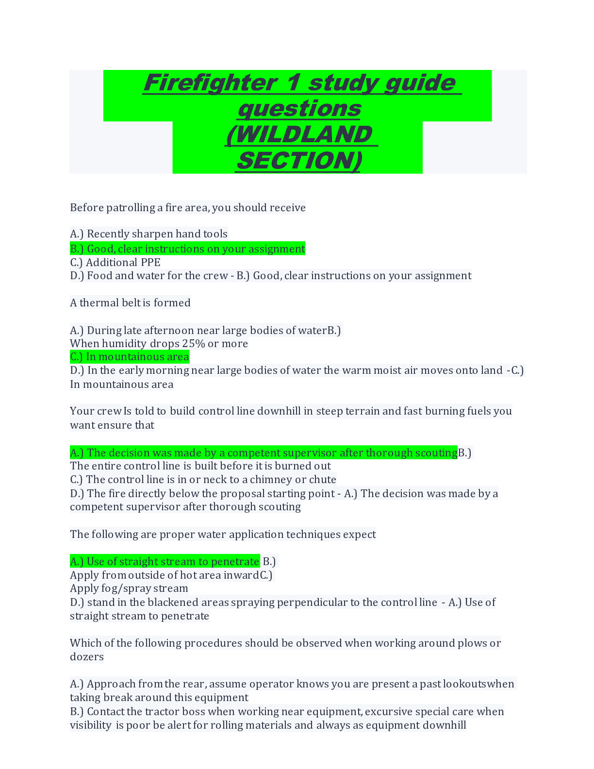 Firefighter 1 Study Guide Questions and Answers(WILDLAND SECTION) 2022